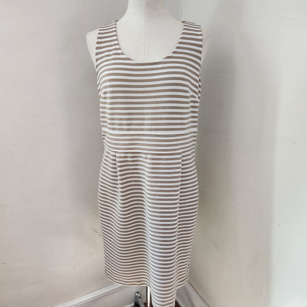 Ann Taylor LOFT Tan White Striped Sleeveless Sheath Dress Size 12 Textured Pique - Picture 1 of 5